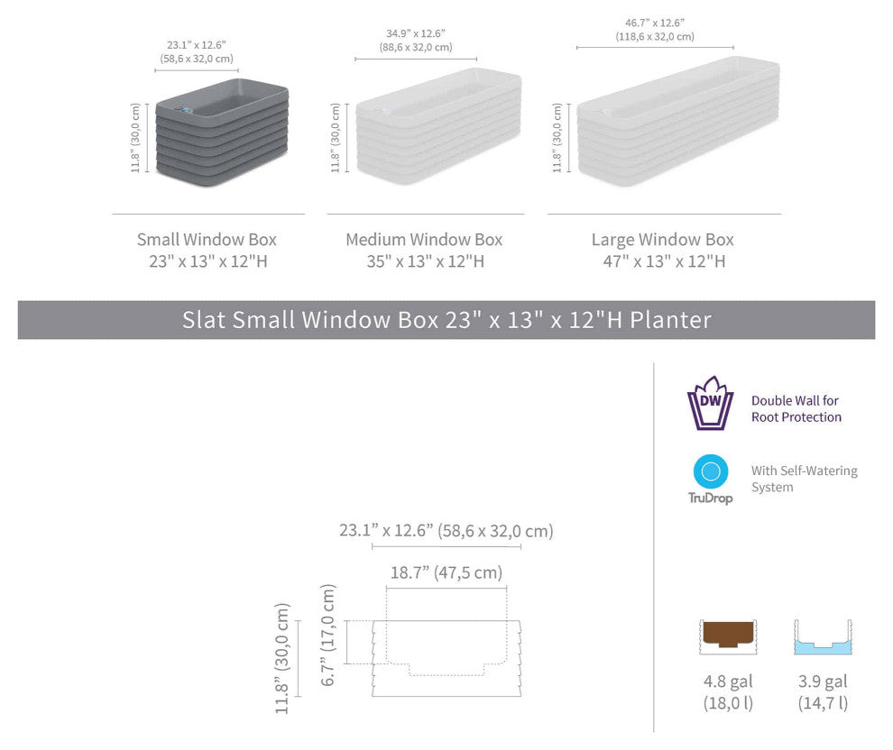 TruDrop Slat Self Watering Windowbox, Slate, Small 23"x13"x12"h