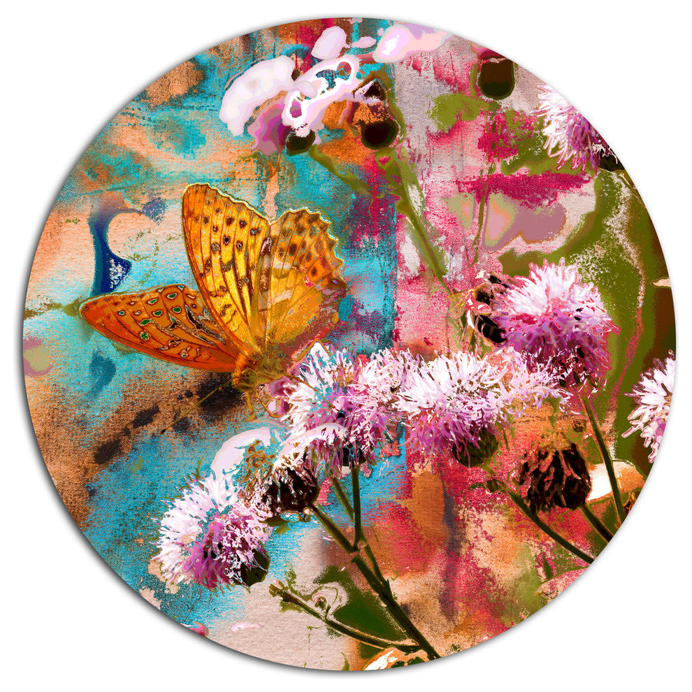 Yellow Butterfly On Thistle Flowers, Floral Round Metal Wall Art, 23"