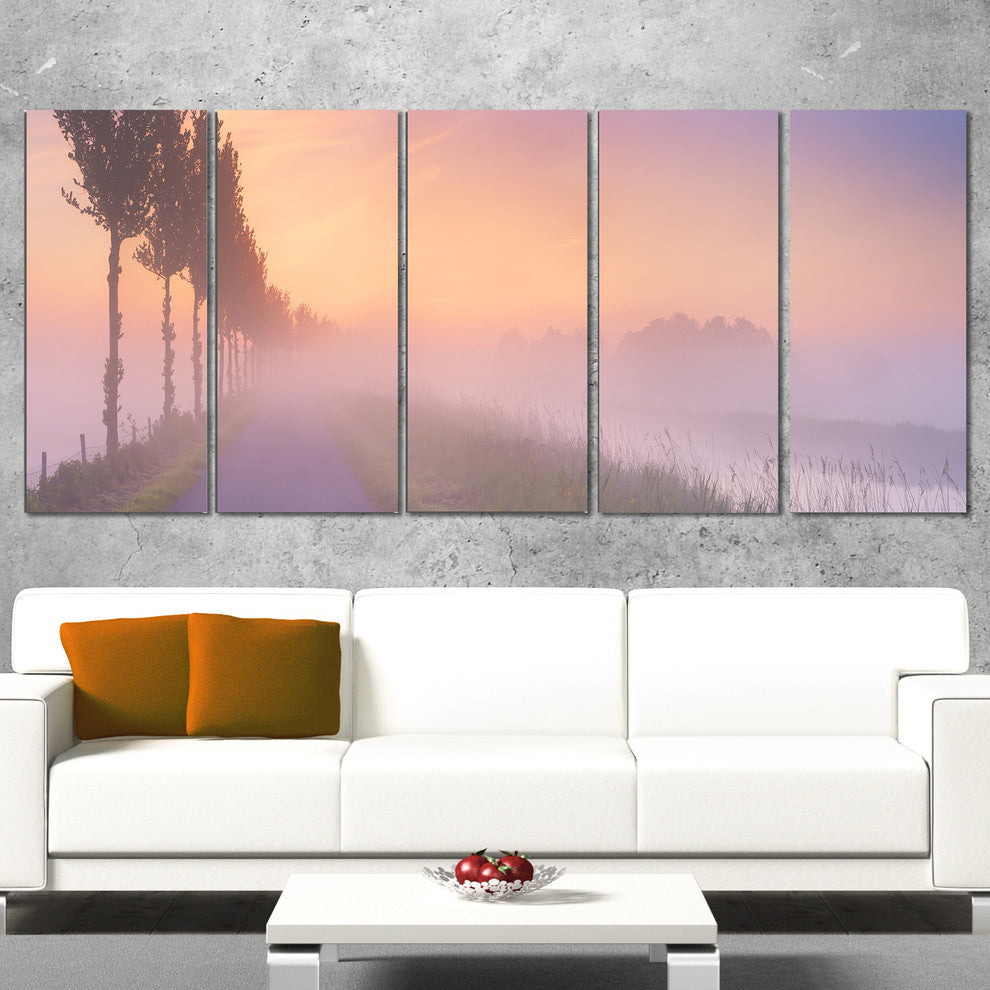 "Foggy Sunrise in The Netherlands" Wall Art Landscape, 5 Panels, 60"x28"
