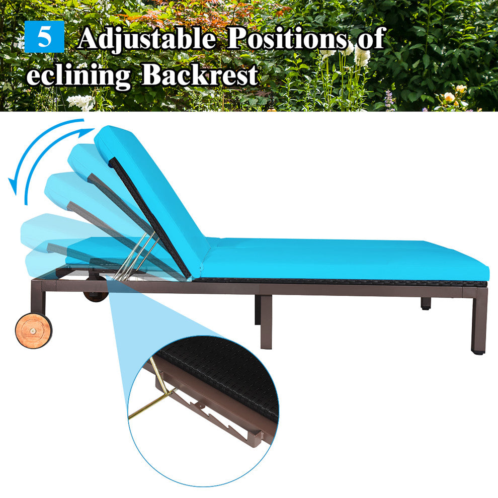 Costway 2-Person Patio Rattan Lounge Chair Chaise Adjustable Cushion Turquoise