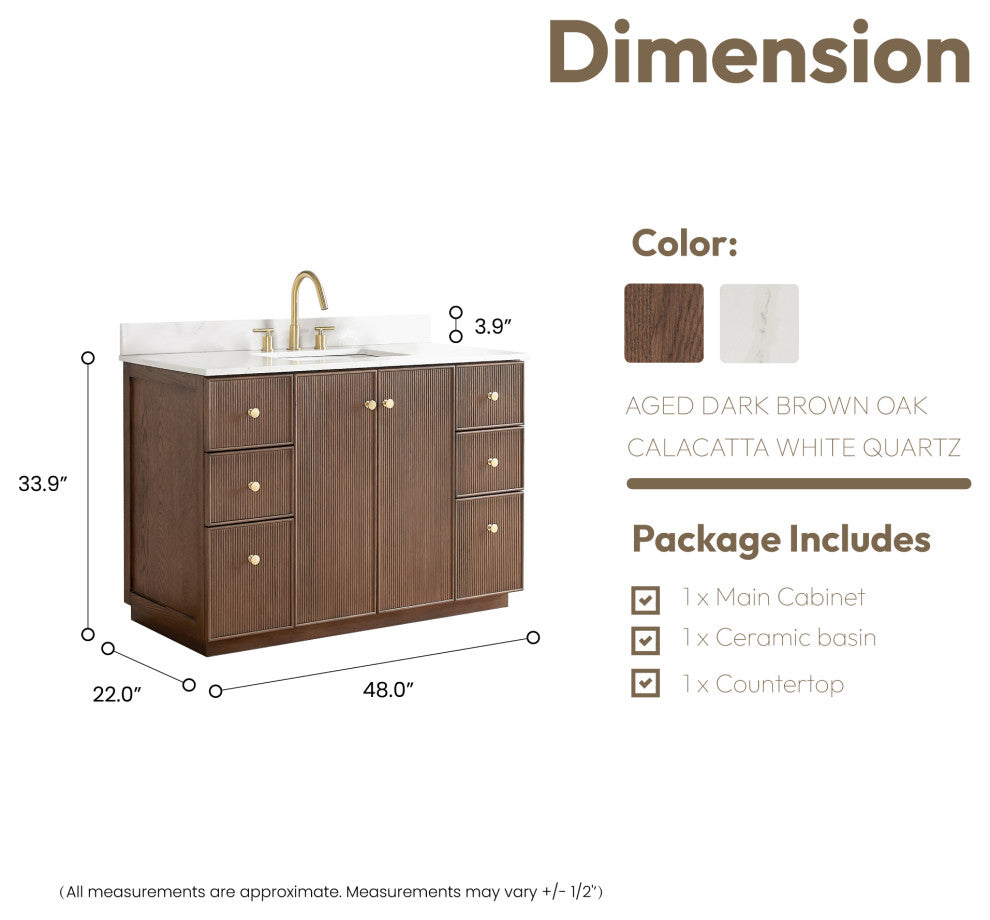 Oza Bath Vanity with Quartz Stone Top, Aged Dark Brown Oak, 48", Single Vanity, No Mirror