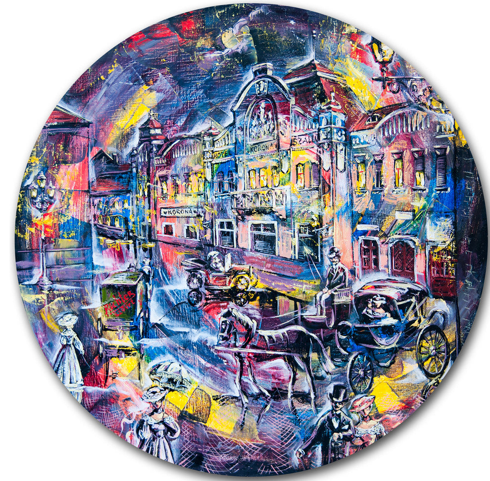 Surreal City In Graphics, Abstract Disc Metal Artwork, 23"