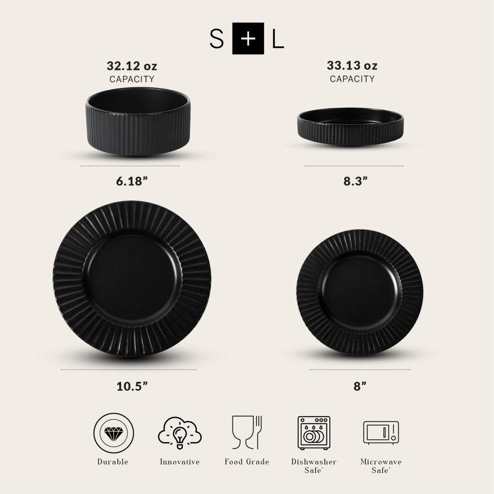 Christian Siriano Lusso Stoneware 32 Piece Dinnerware Set, Black