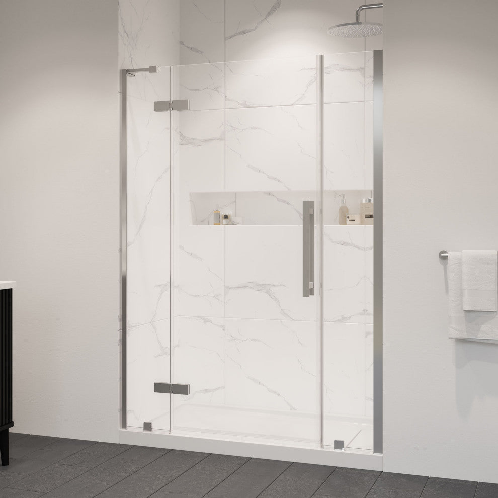 Tampa Alcove Frameless Pivot Hinge Shower Door Kit With Base Pan, Satin Nickel, 54x36"