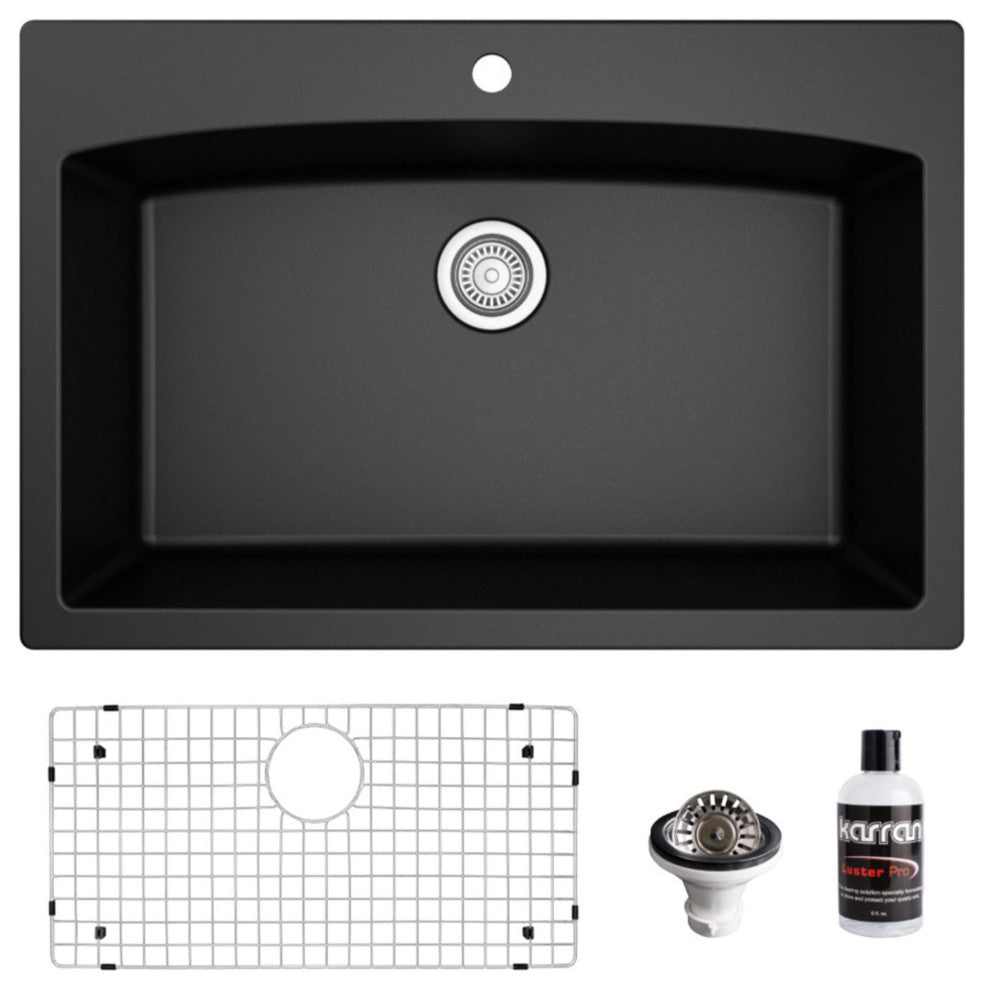 Karran Drop-In Quartz Composite 33" 1-Hole Single Bowl Kitchen Sink Kit, Black