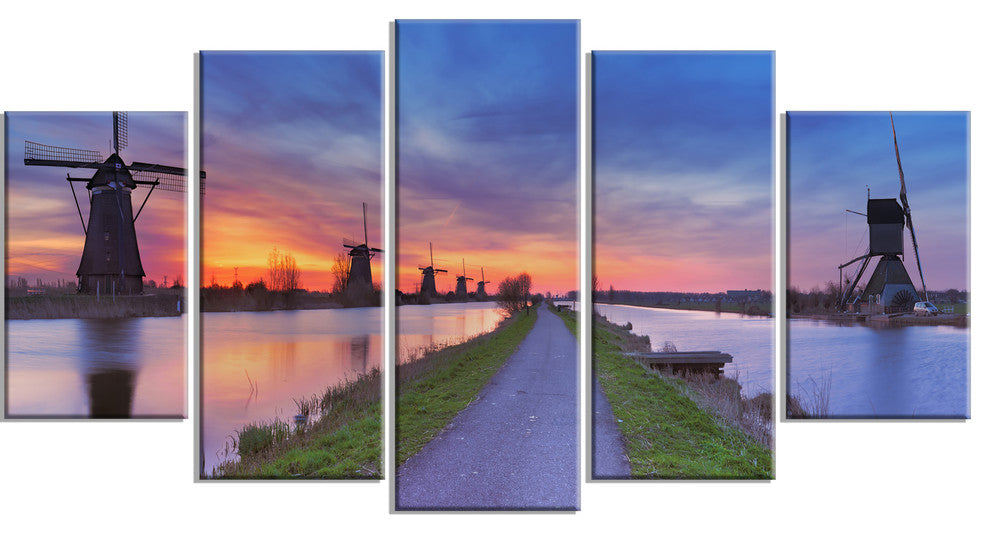 Windmills Morning Panorama, Contemporary Canvas Art Print, 60"x32", 5 Panels