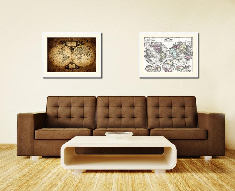 World Vintage Old Map Print On Canvas With Picture Frame 28" X 37"
