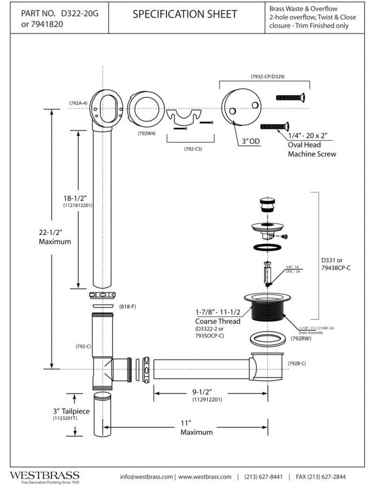 Twist & Close Bath Waste - 22" Make-Up, 20 Ga. Tubing In Polished Brass, Powder Coated White