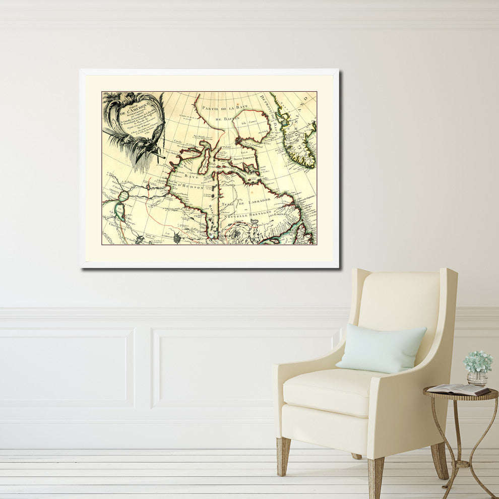 North East Canada & Greenland Old Map Print on Canvas with Frame 28" x 37"
