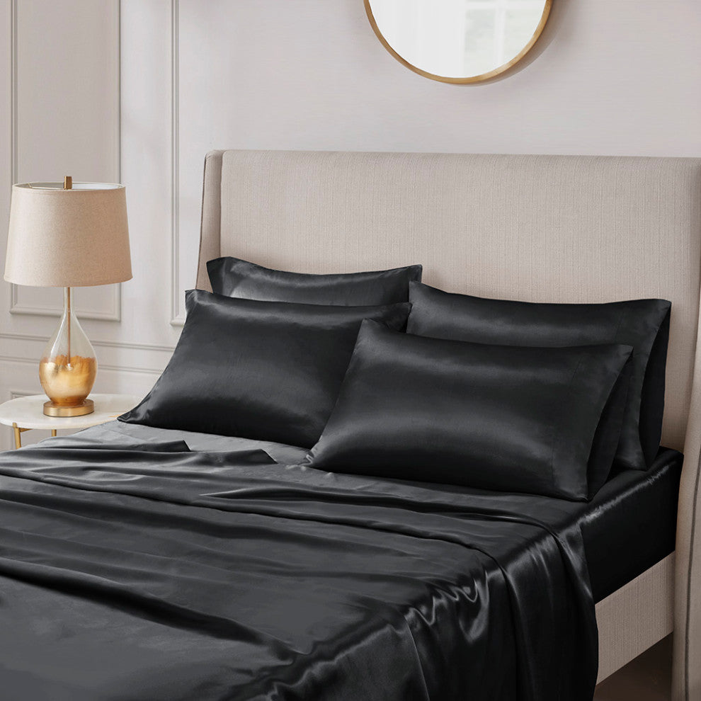 Madison Park Essentials Satin Luxury 6 PC Sheet Set, Black