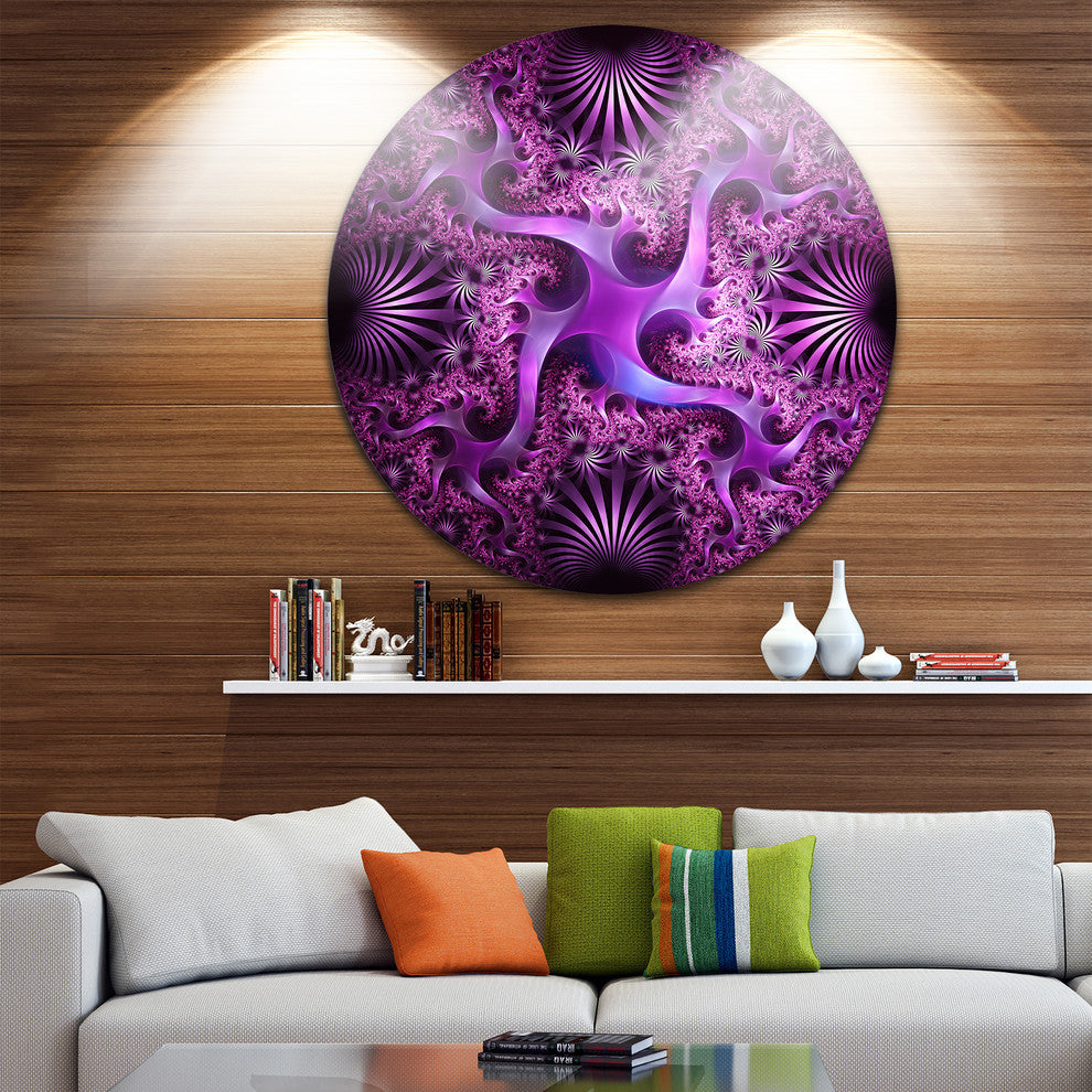Glowing Purple Fractal Flower Design, Abstract Disc Metal Wall Art, 11"
