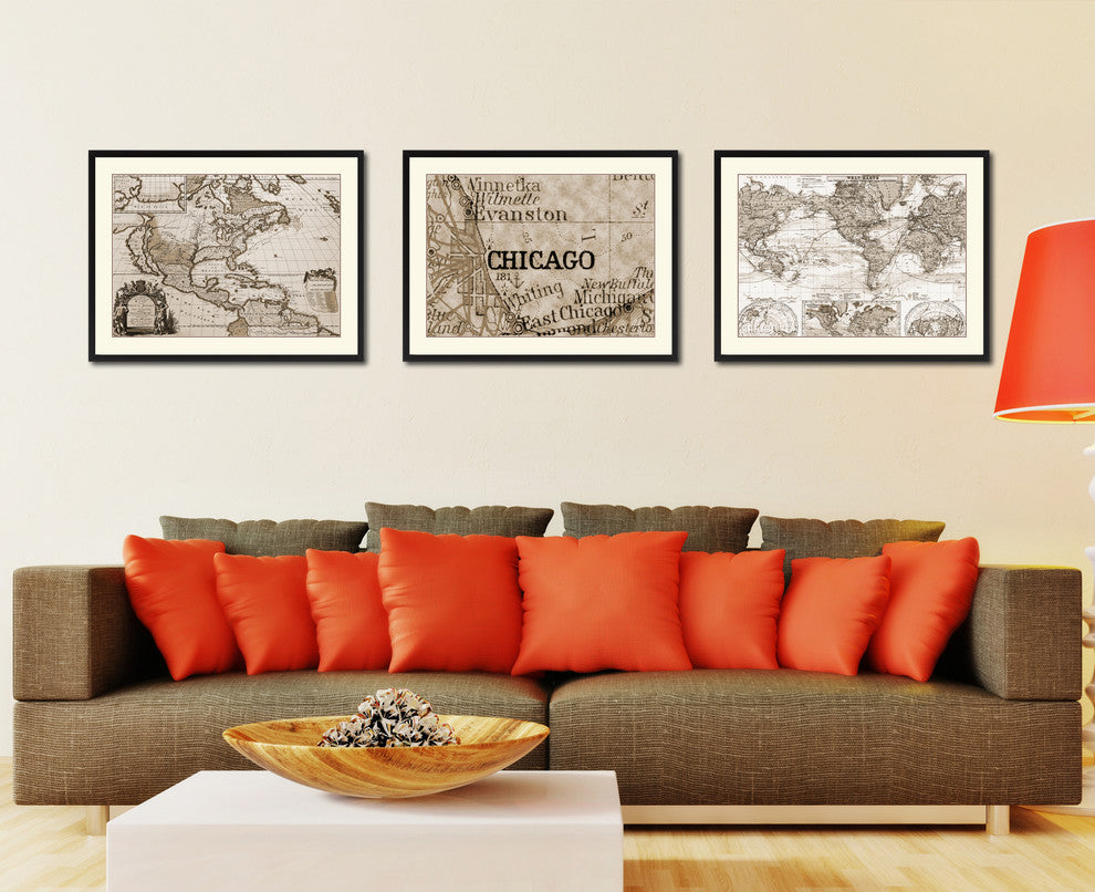 Chicago Illinois Vintage Sepia Map Canvas Print, 16"x21"
