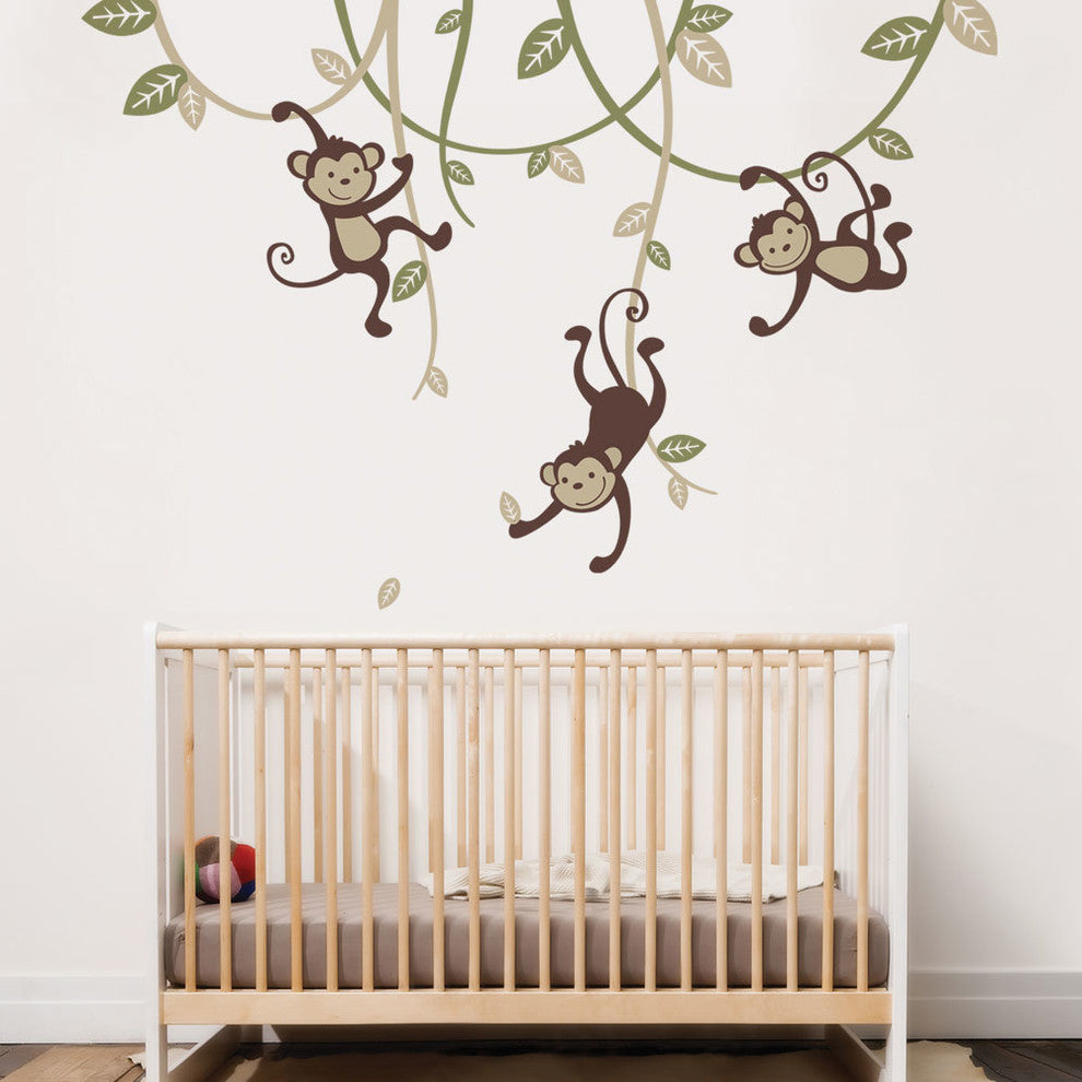 3 Monkeys Swinging From Vines Wall Decal, Scheme C