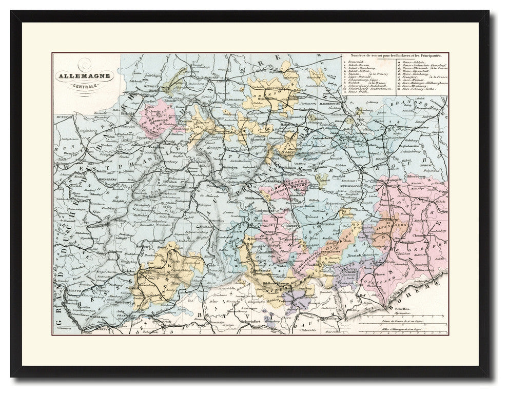 Central Germany Vintage Antique Map Wall Art, 28"x37"