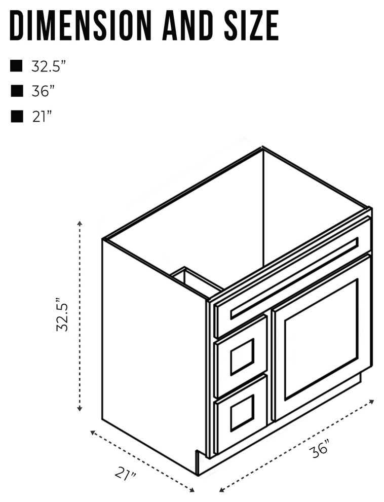 Vanity Art Vanity Base Cabinet, No Top, Drawers on Left, 36", White