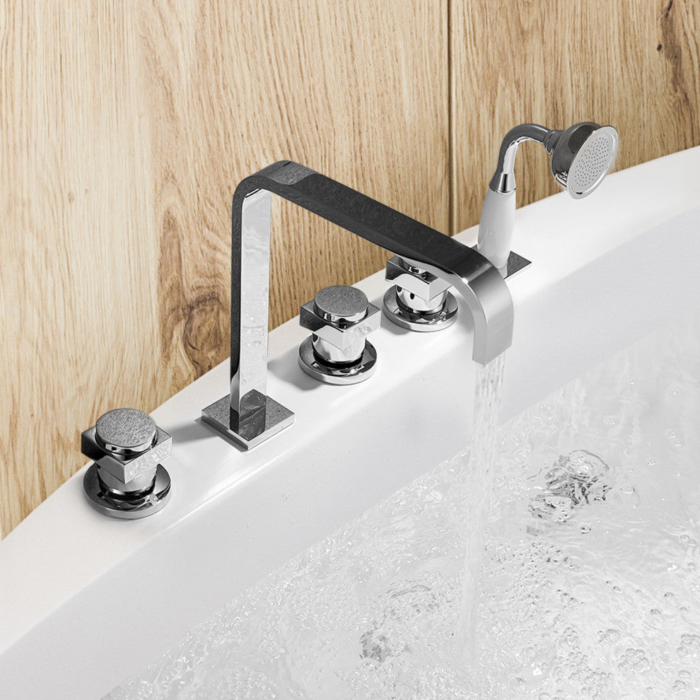 Vikran Triple Handle Deck-Mount Roman Tub Faucet Trim With Handshower, Polished Chome