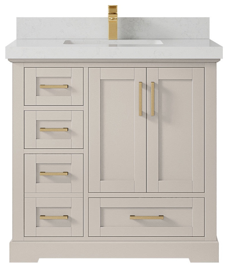 Boston 36" Center Sink Bath Vanity in Fine Grain 2" Carrara Quartz