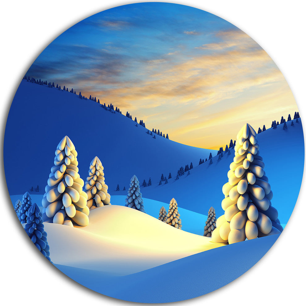 Winter Mountains With Fir Trees, Landscape Disc Metal Wall Art, 23"