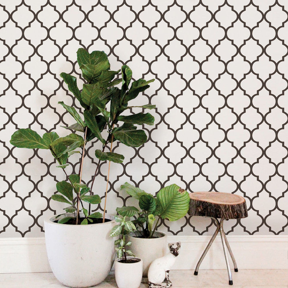 Moroccan Peel and Stick Vinyl Wallpaper, Off White Brown, 24" X 60"