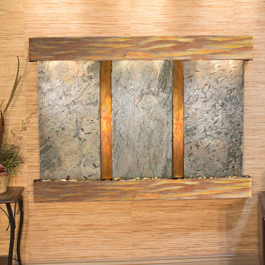 Olympus Falls Water Fountain, Green Slate, Rustic Copper, Square