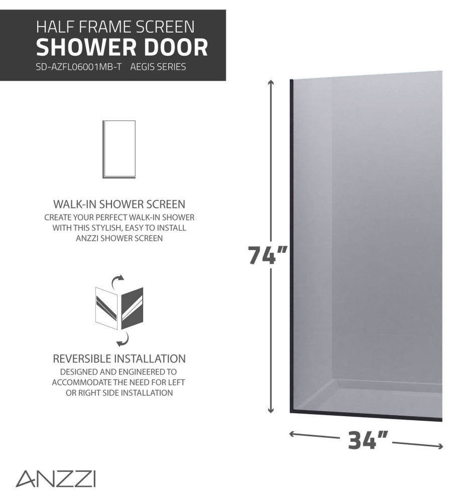 Veil Series 74"x34" Framed Frosted Glass Shower Screen Shower Door, Matte Black, Tinted