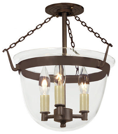 Small Semi Flush Classic Bell Lantern In Clear Glass, Oil Rubbed Bronze