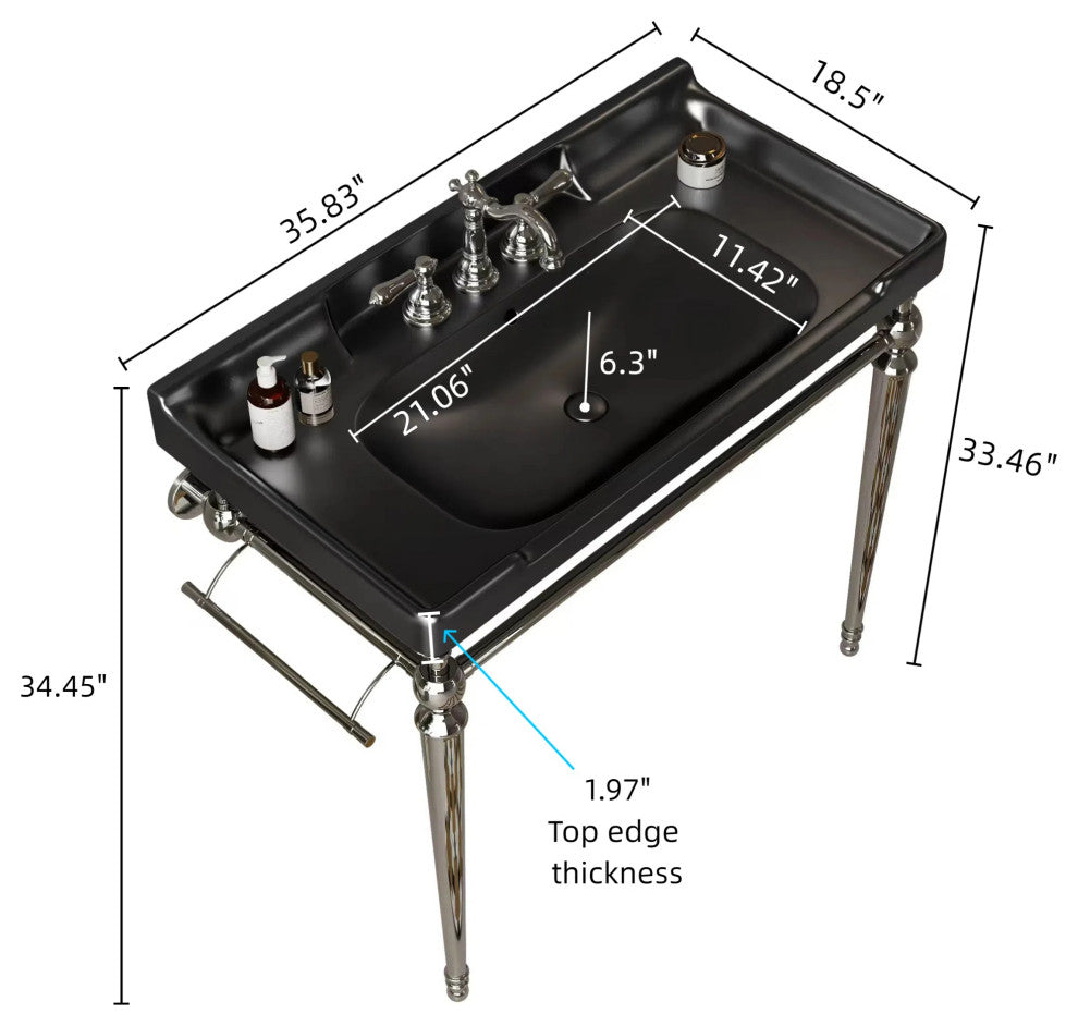 Wall-Mounted Black Ceramic Vanity Basin with Stainless Steel Support Legs, Chrome