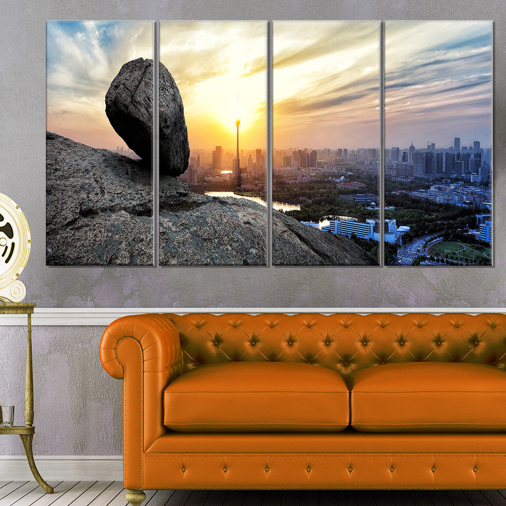 "Buildings And Crag On Rock Panorama" Landscape Wall Wall Art, 4 Panels, 48"x28"
