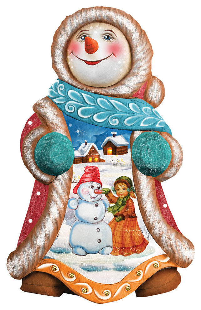 Hand Painted Snowy Day Snowman Ornament Figurine With Scenic Painting