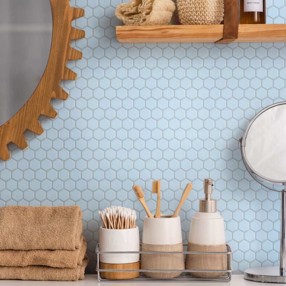 Metro Hex Matte Porcelain Mosaic Floor and Wall Tile, Blue