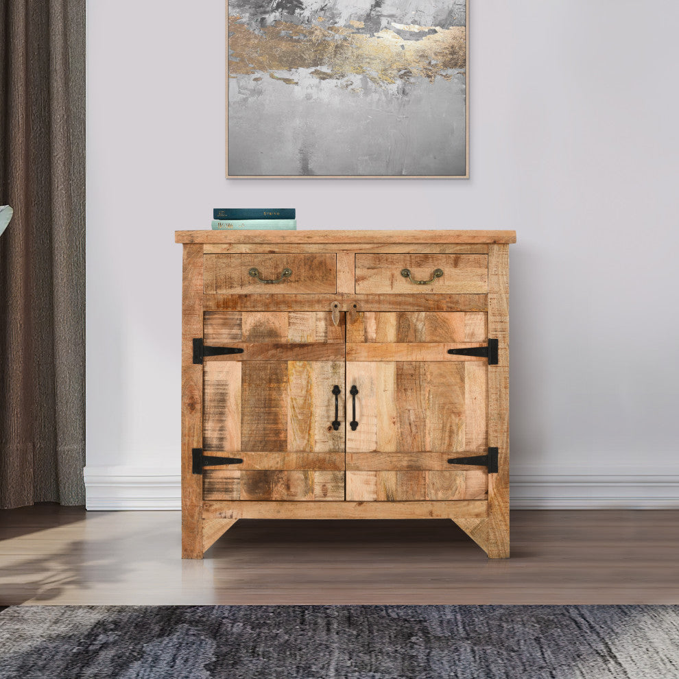 39" Farmhouse Cabinet 2 Drawer Mango Wood Console 2 Door Storage Brown