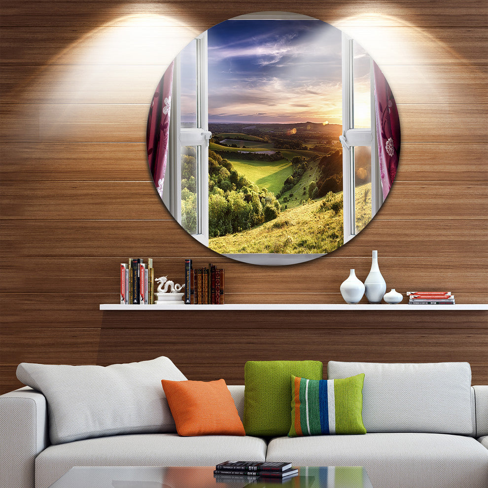 Window View, Landscape Contemporary Disc Metal Artwork, 23"