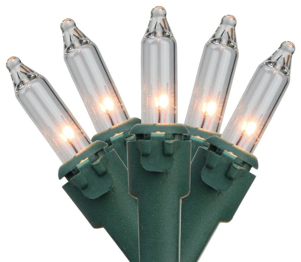Set of 100 Clear Commercial Grade Mini Christmas Lights 5.5" Spacing, Green Wire