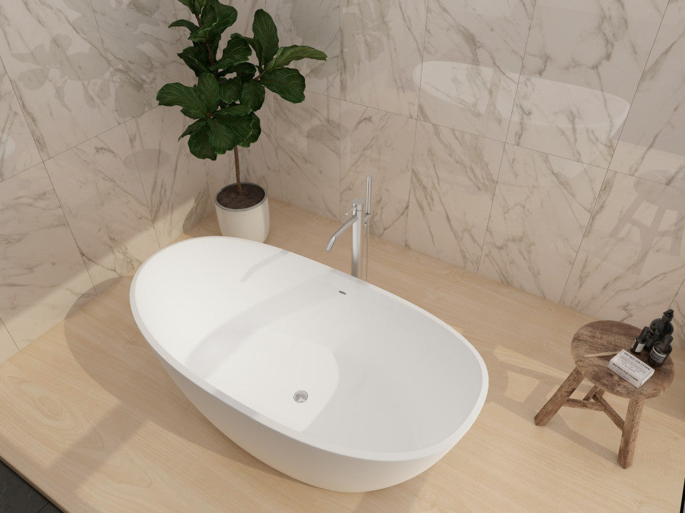 CastelloUSA Manhattan Solid Surface Stone Resin Freestanding Tub, White, 59"