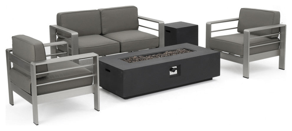 Coral Bay Outdoor Aluminum Khaki Chat Set With Fire Table, Dark Gray