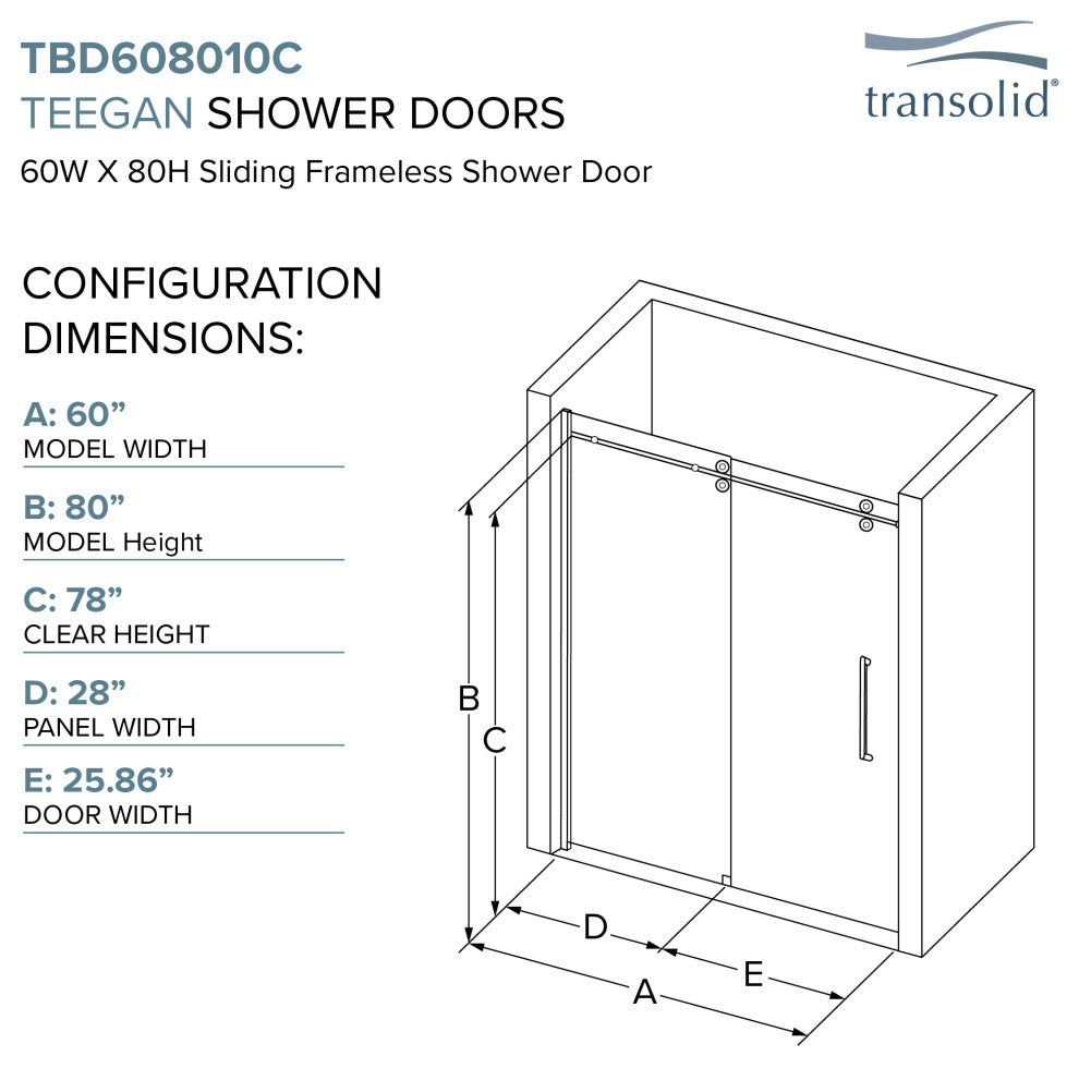 Teegan Plus Sliding Shower Door, Fixed, Clear Glass, Polished Chrome, Turin