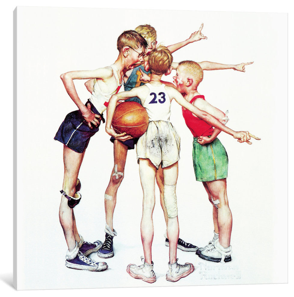 "Oh yeah (Four Sporting Boys: Basketball)" by Norman Rockwell, 12x12x1.5"