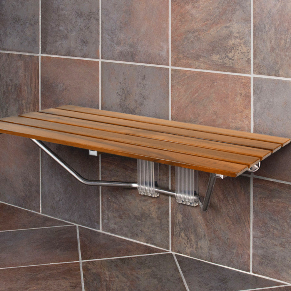 36" ADA Compliant Teak Wood Folding Shower Bench Seat, Wall Mounted