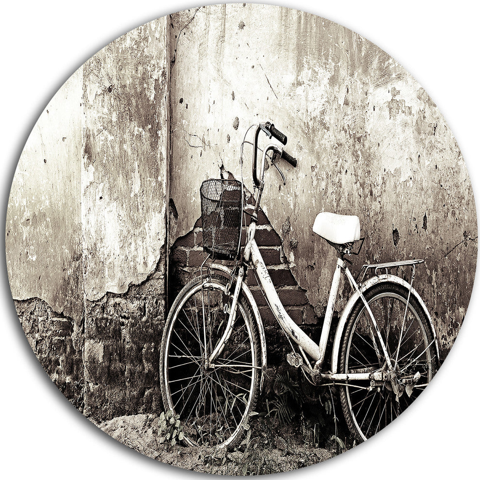 Old Bicycle And Cracked Wall, Photography Large Disc Metal Artwork, 11"