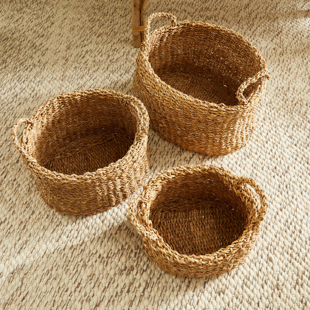 Sea Grass Oval Baskets With Cuffs, Set of 3