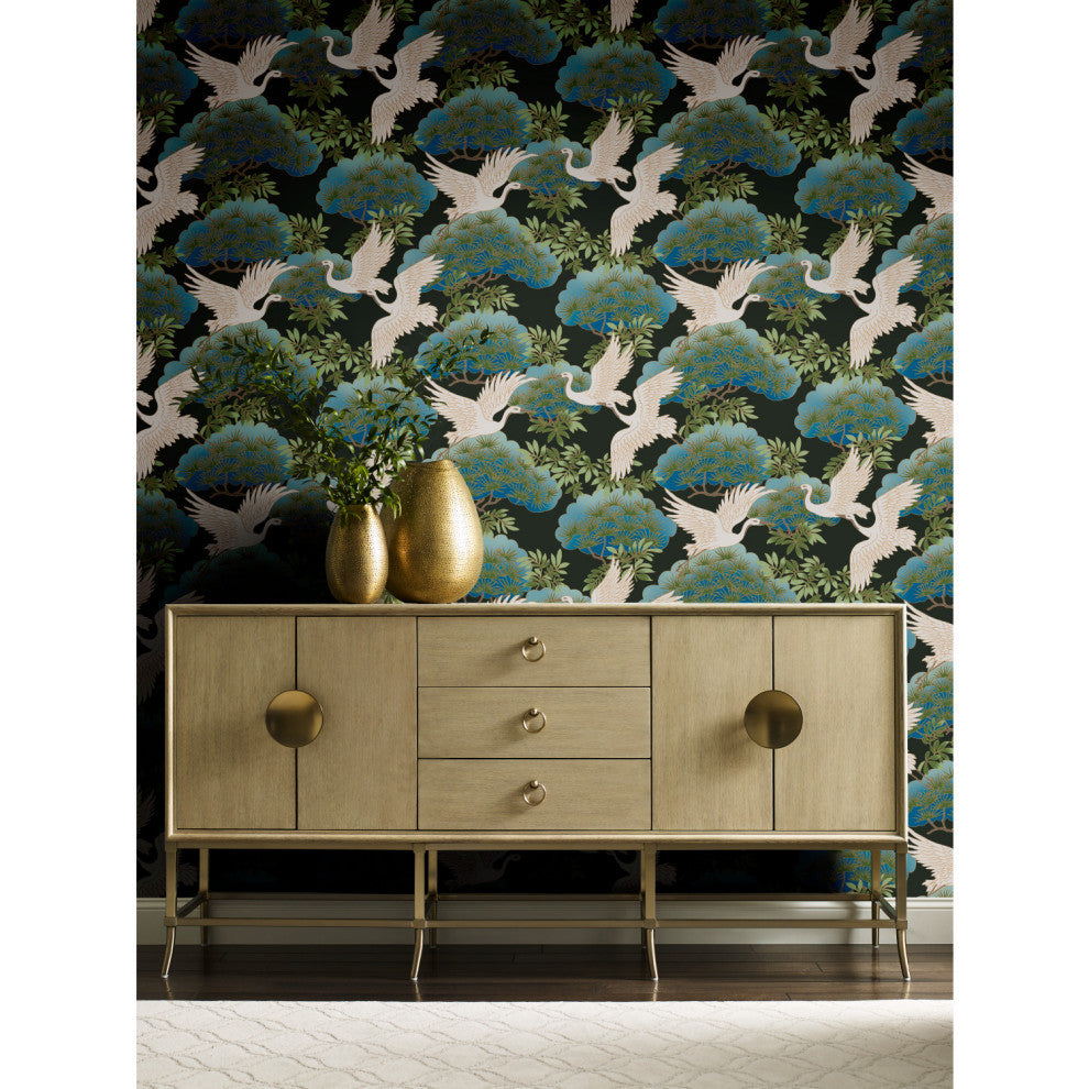 Sprig and Heron Black Wallpaper
