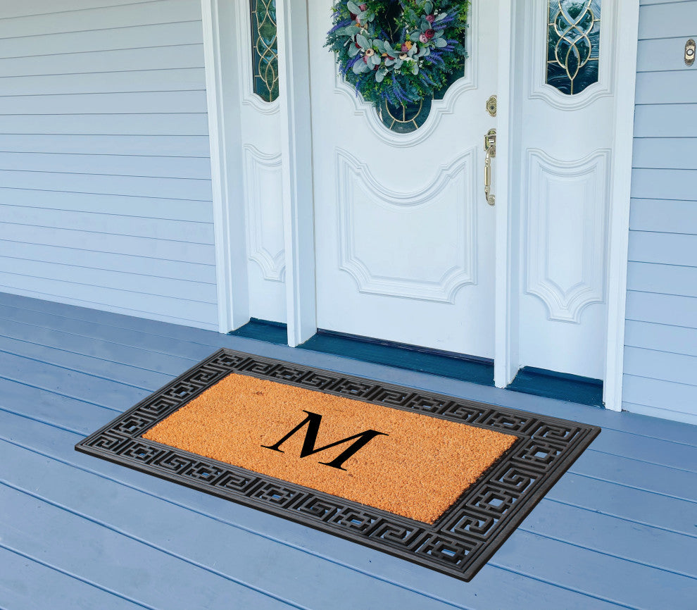 Rubber And Coir Greek Key Black Border 24"x36", Outdoor Monogrammed Doormat, M