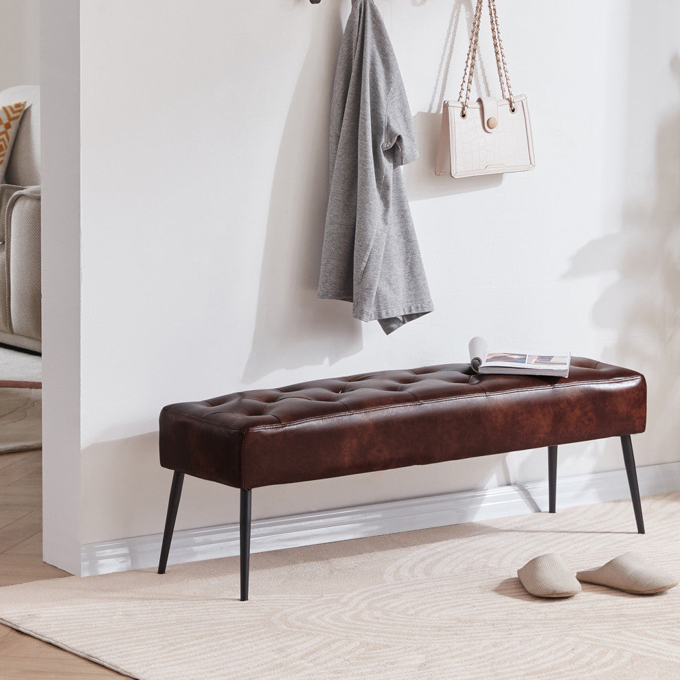 Button Tufts Bedroom Bench, Dark Brown With Black Legs-Faux Leather