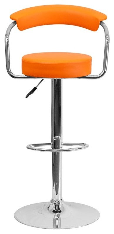 Estella Low-Back Orange Vinyl Swivel Adjustable Barstool With Arms