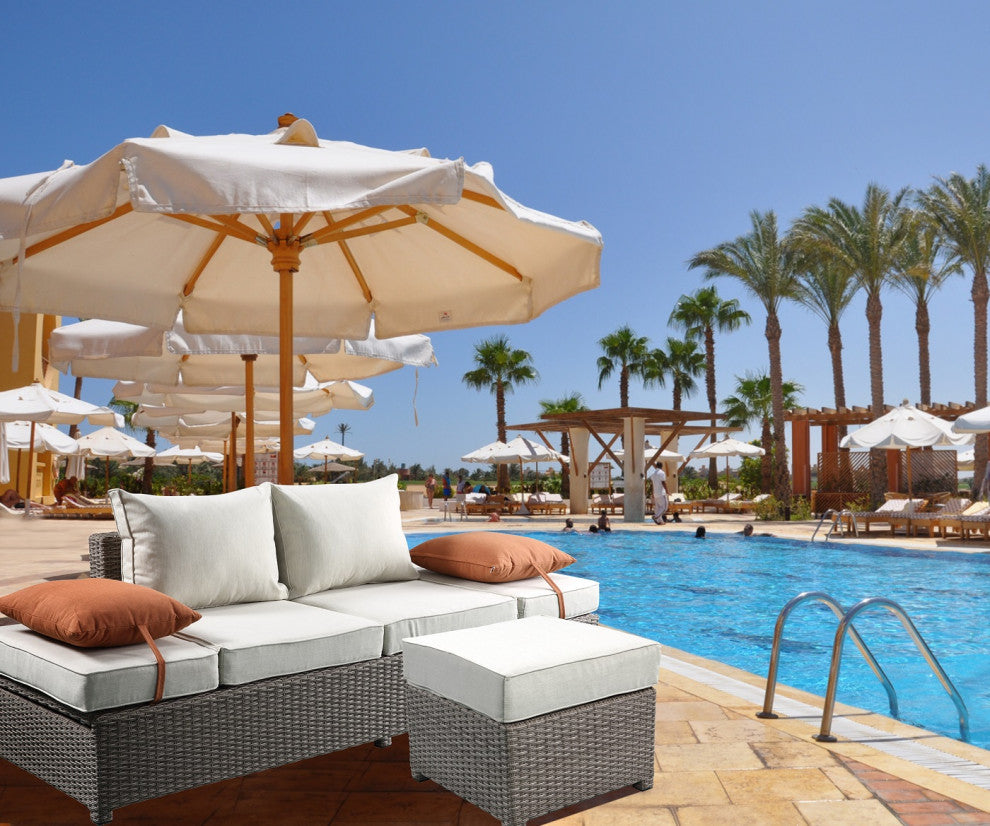 83"x31"x26" Beige Fabric And Gray Wicker Patio Sofa And Ottoman Set