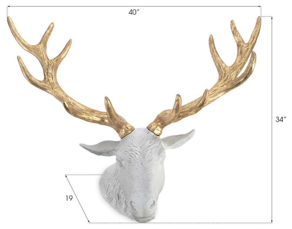 Stag Deer Head, White, Gold Leaf