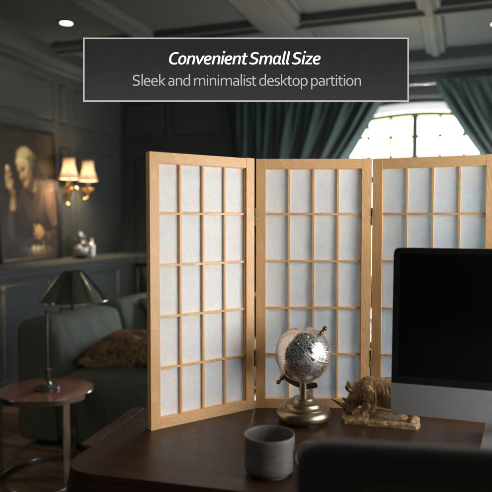 2' Tall Desktop Window Pane Shoji Screen, Natural, 3 Panels