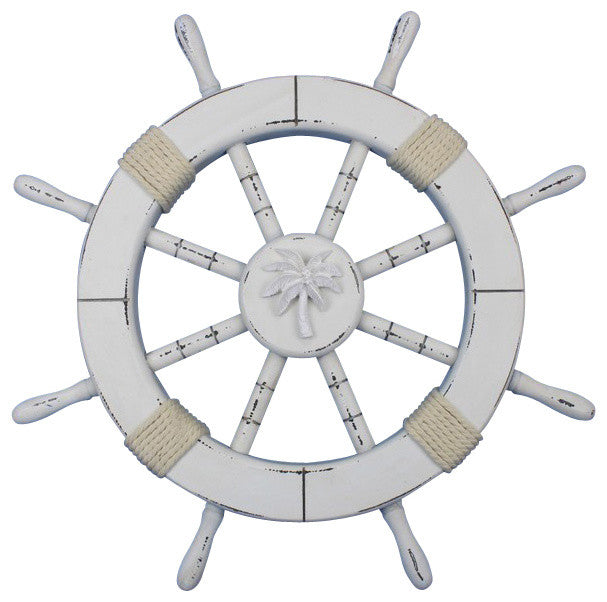 Rustic White Ship Wheel with Palm Tree 18'', Palm Tree Decoration