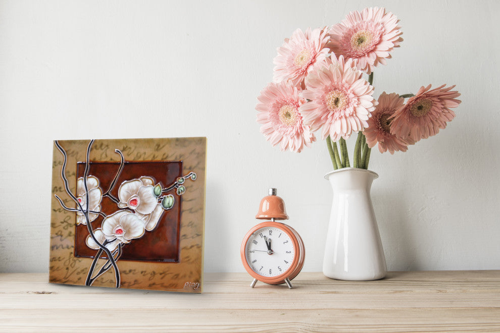 8x8" White Orchid with Light Brown Frame Ceramic Art Tile and Trivet Hot Plate