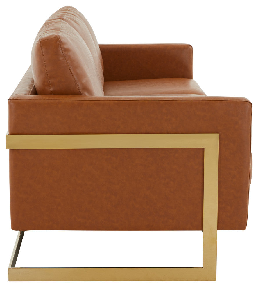 LeisureMod Lincoln Modern Leather Sofa With Gold Frame, Cognac Tan